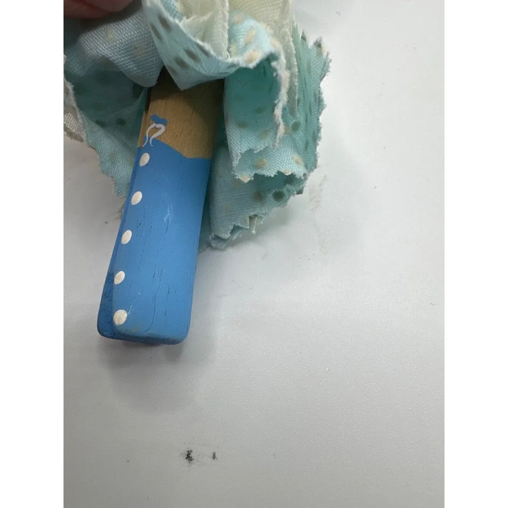 Vintage Handmade Clothespin Doll Ornament Blue Polka Dot Folk Art 4.5